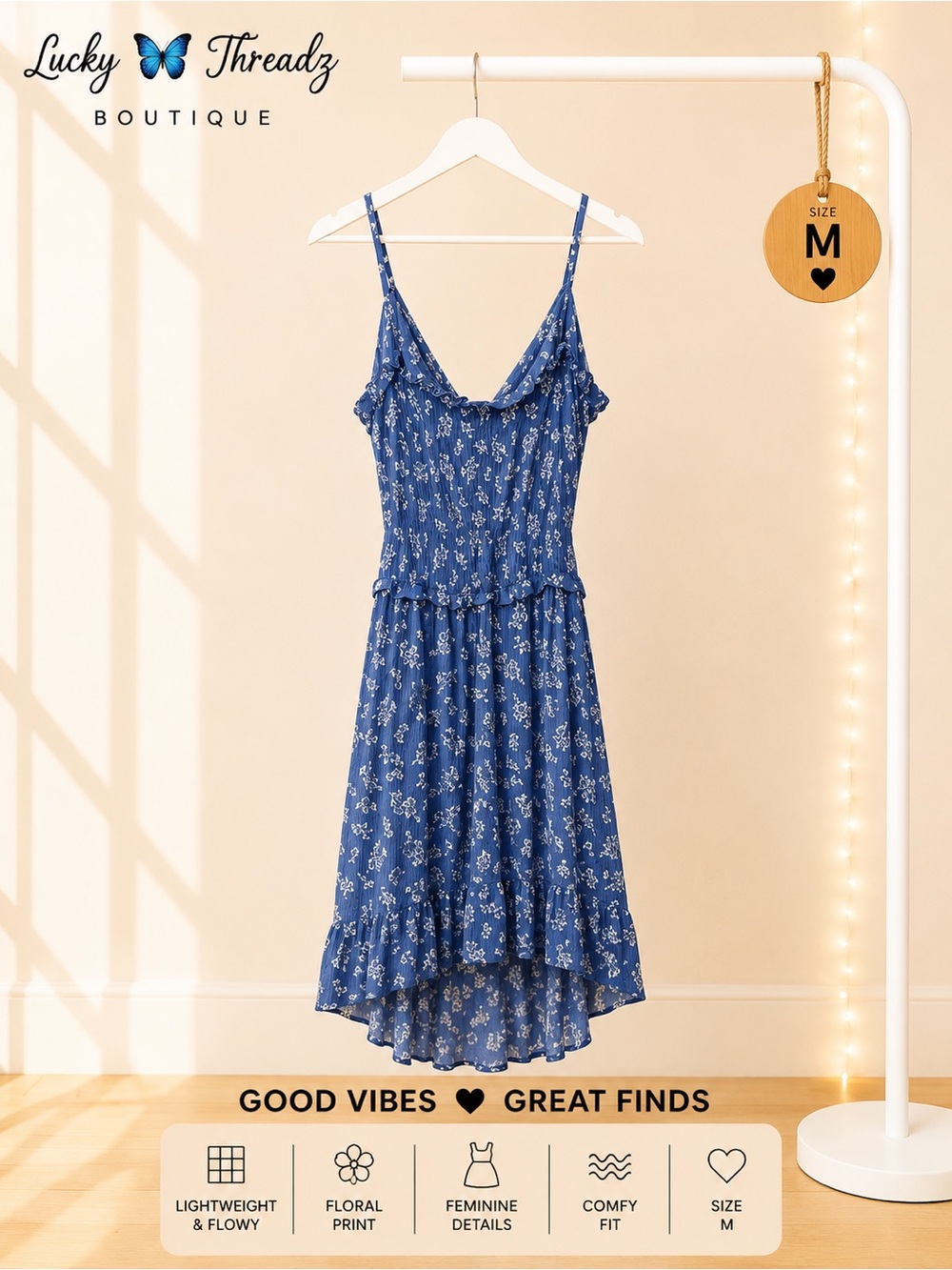 Blue Floral Open Back Ruffle Midi Dress M